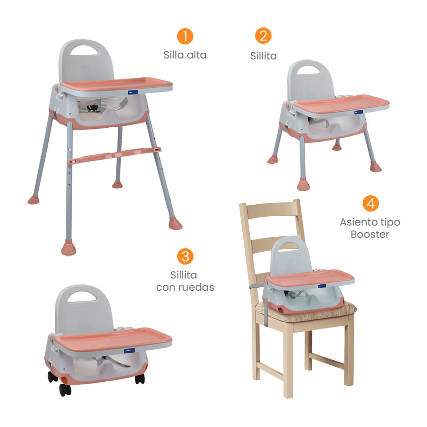 Silla Comedor Bebé 4en1 Navi Happy Baby Rosa