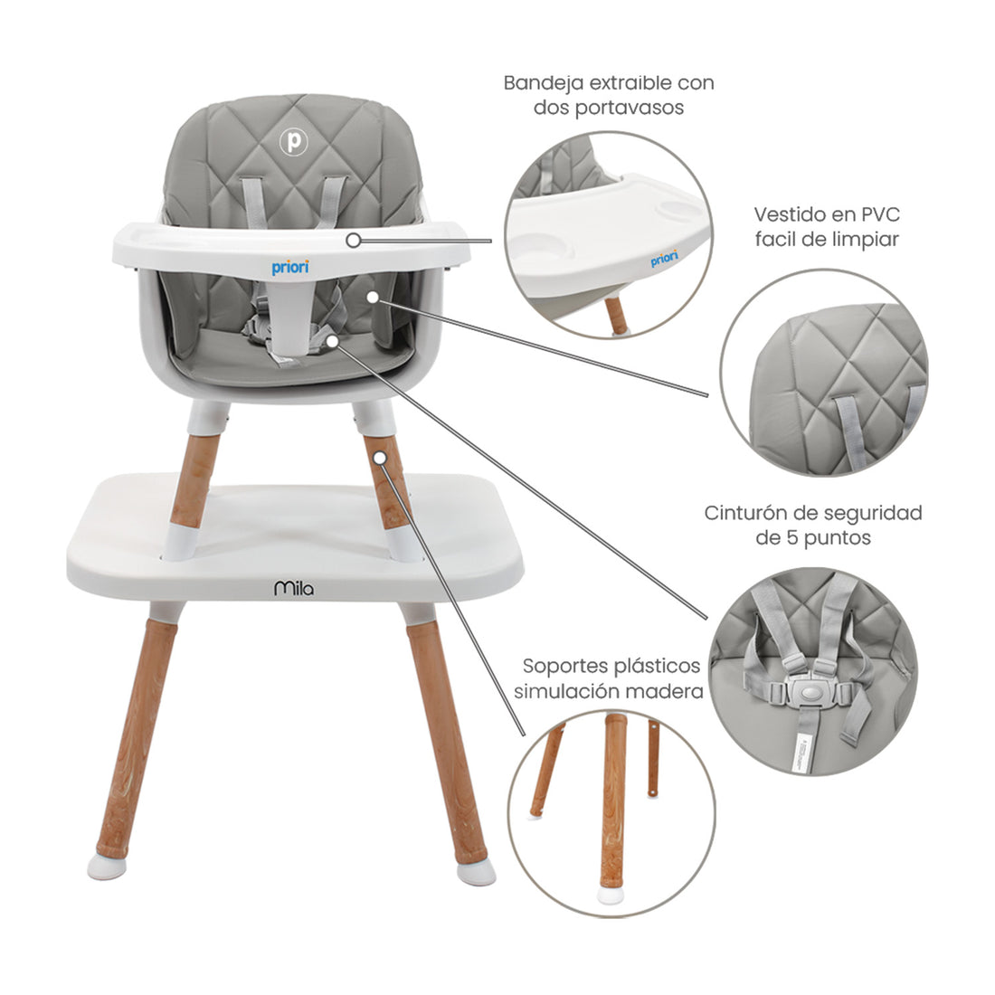 Silla Comedor Bebé 6 en 1 Mila Gris Priori