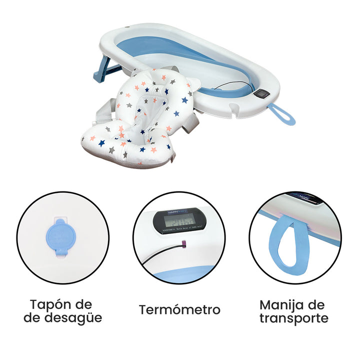 Bañera Bebé Happy Baby Cojín y Termómetro Samy Azul
