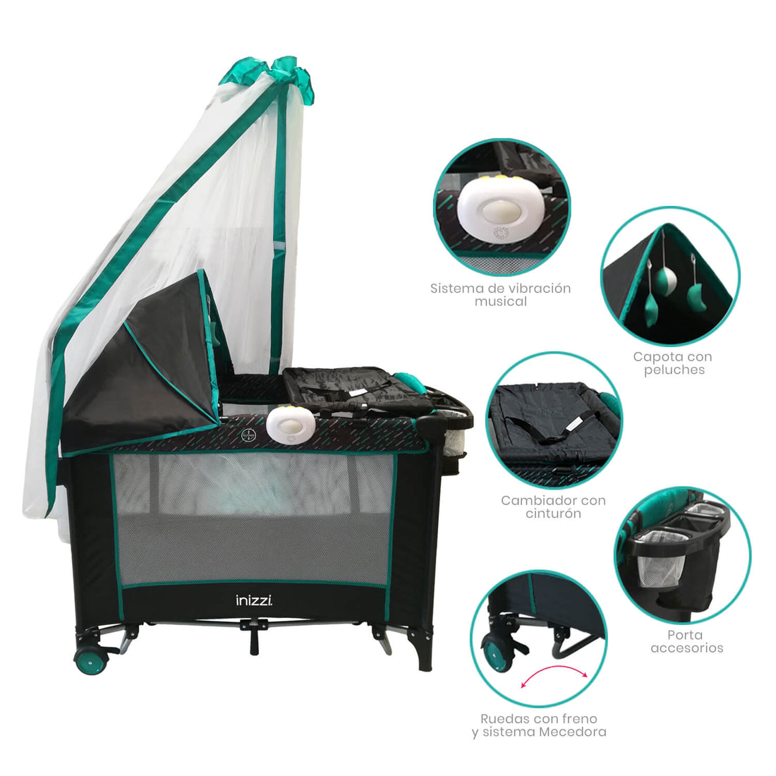 Corral Cuna Bebe Mecedora Inizzi Astra Turquesa