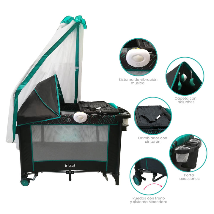 Corral Cuna Bebe Mecedora Inizzi Astra Turquesa