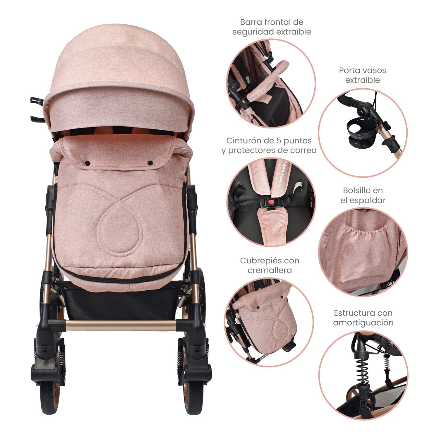 Coche Bebe Moises Gadi Happy Baby Rosado