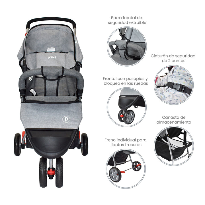 Coche Bebe Priori Tres Ruedas Liviano+Pañalera Jogger Gris