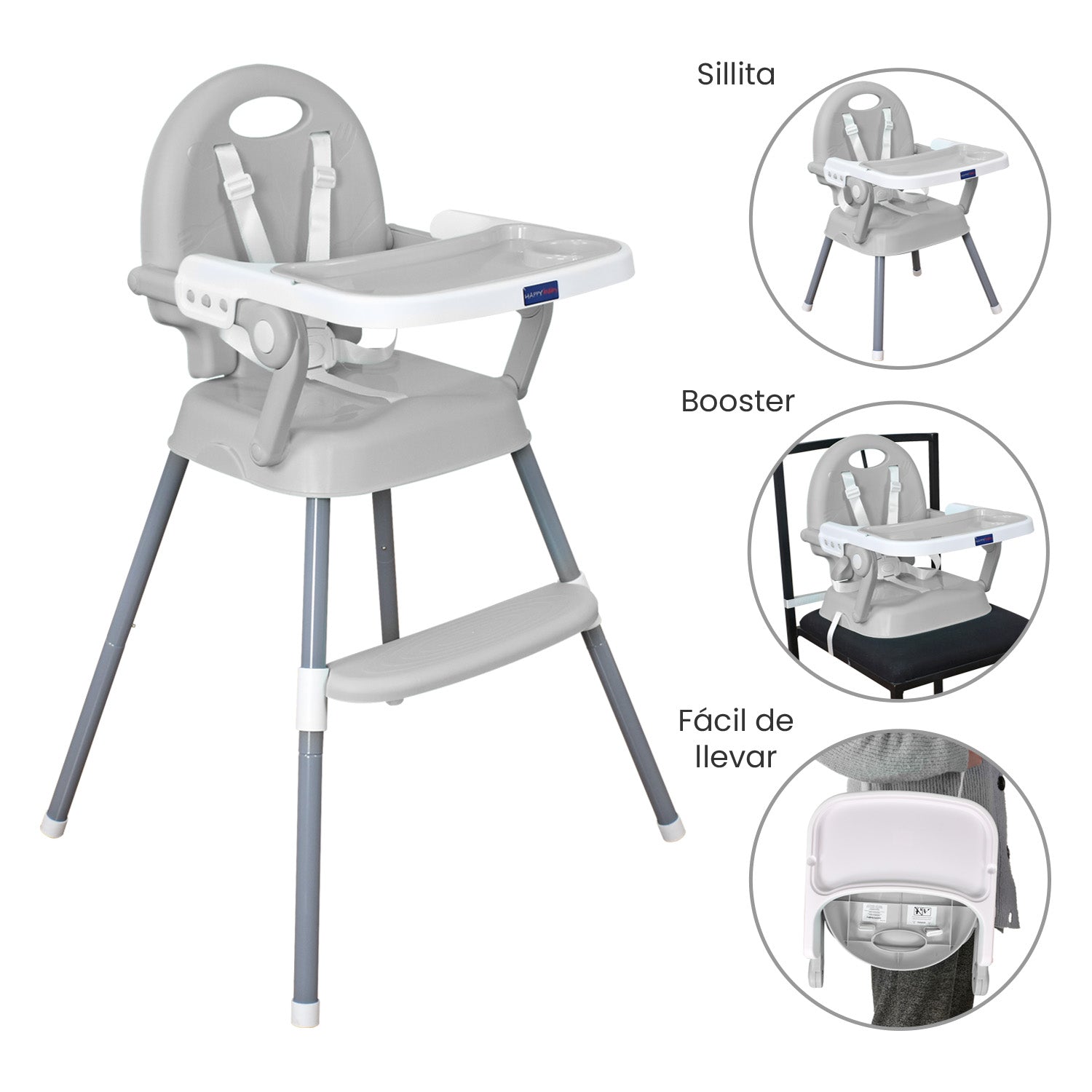 Silla comedor bebe 3en1 Happy Baby Gris CP7000