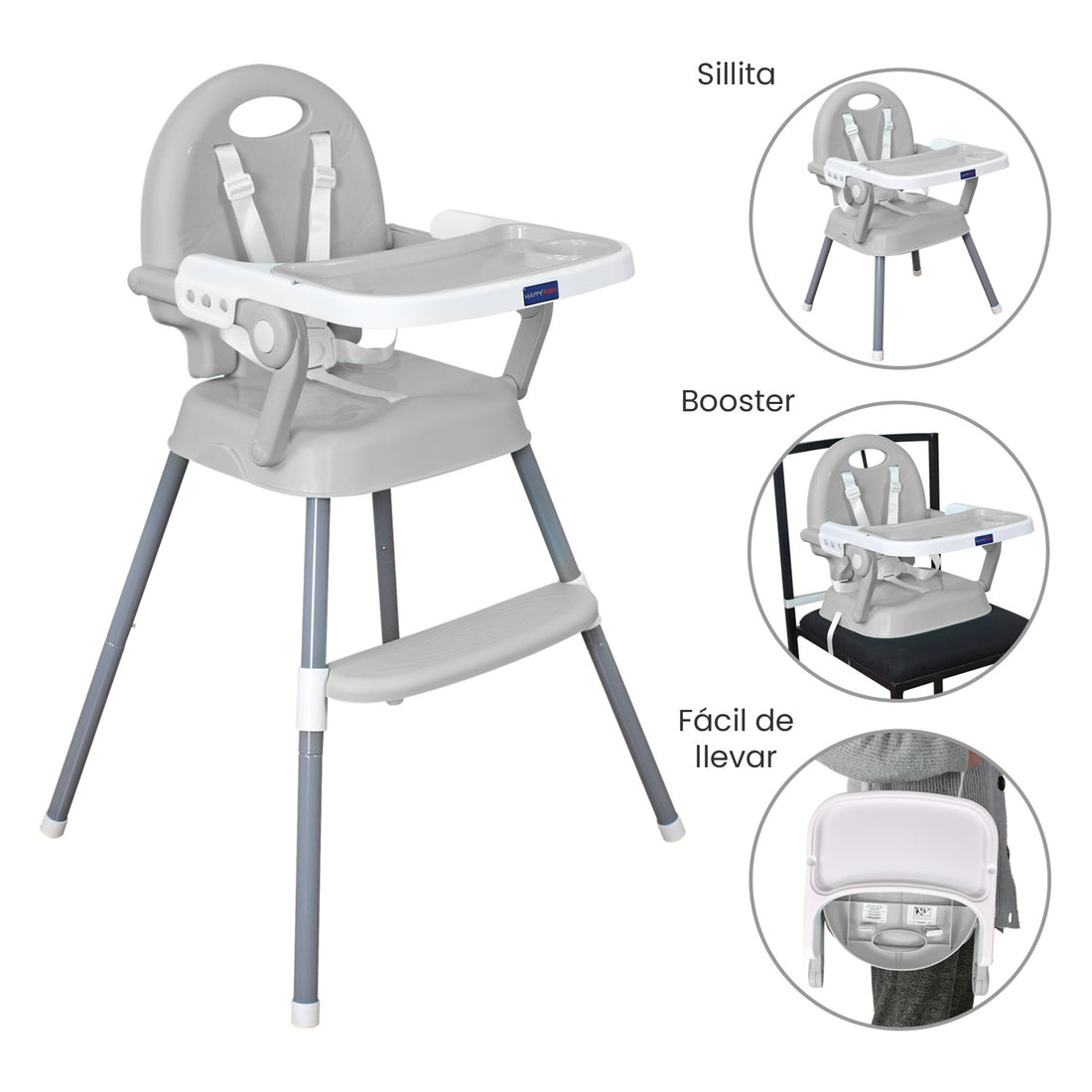 Silla comedor bebe 3en1 Happy Baby Gris CP7000