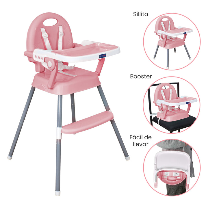 Silla comedor bebe 3en1 Happy Baby rosa CP7000