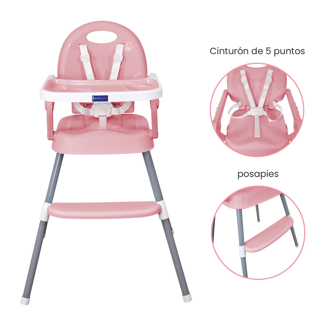 Silla comedor bebe 3en1 Happy Baby rosa CP7000