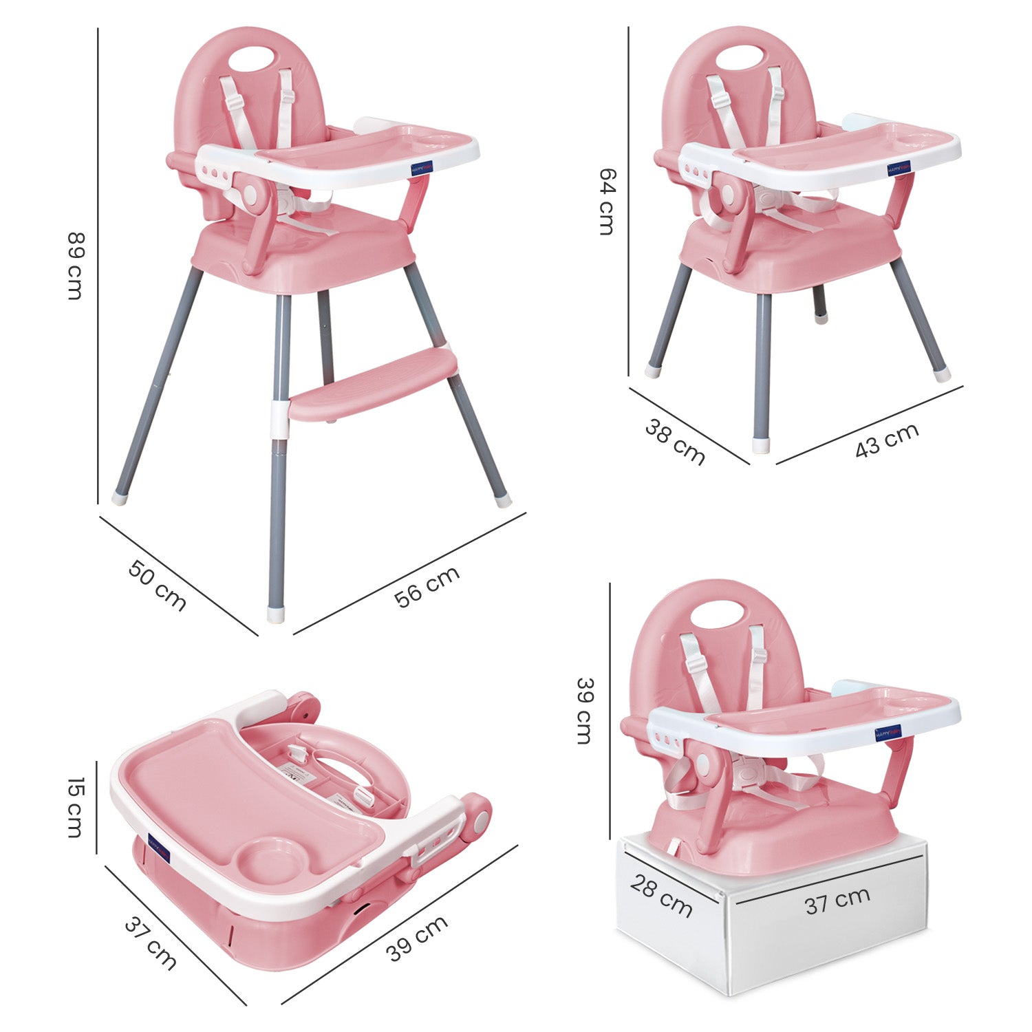 Silla comedor bebe 3en1 Happy Baby rosa CP7000