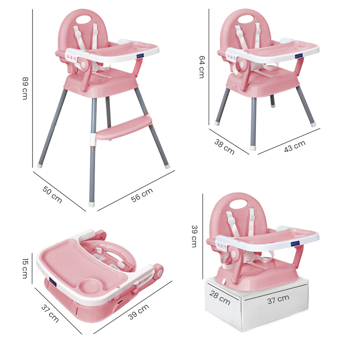 Silla comedor bebe 3en1 Happy Baby rosa CP7000