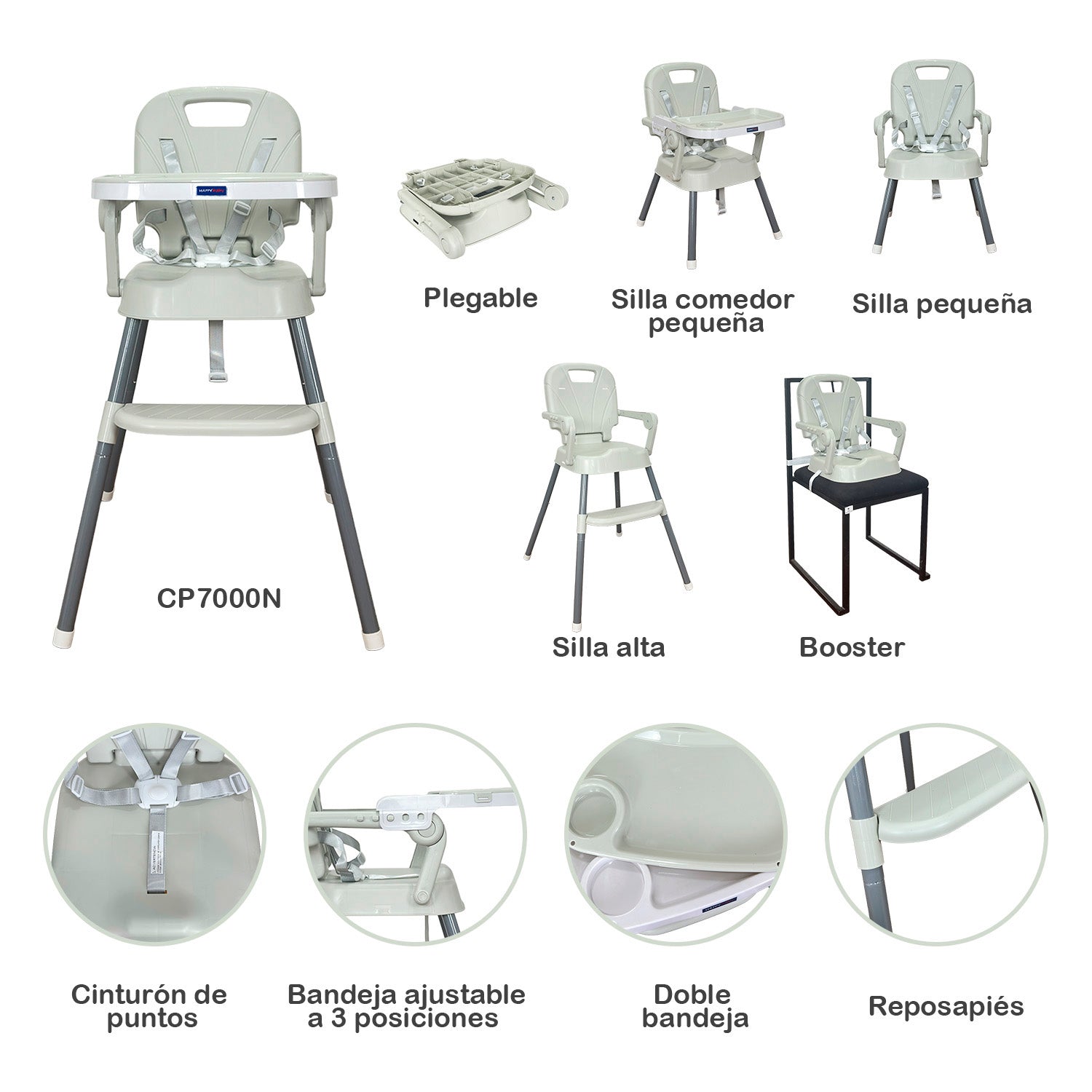 Silla Comedor 3 en 1 bebé CP7000N Happy Baby Beige