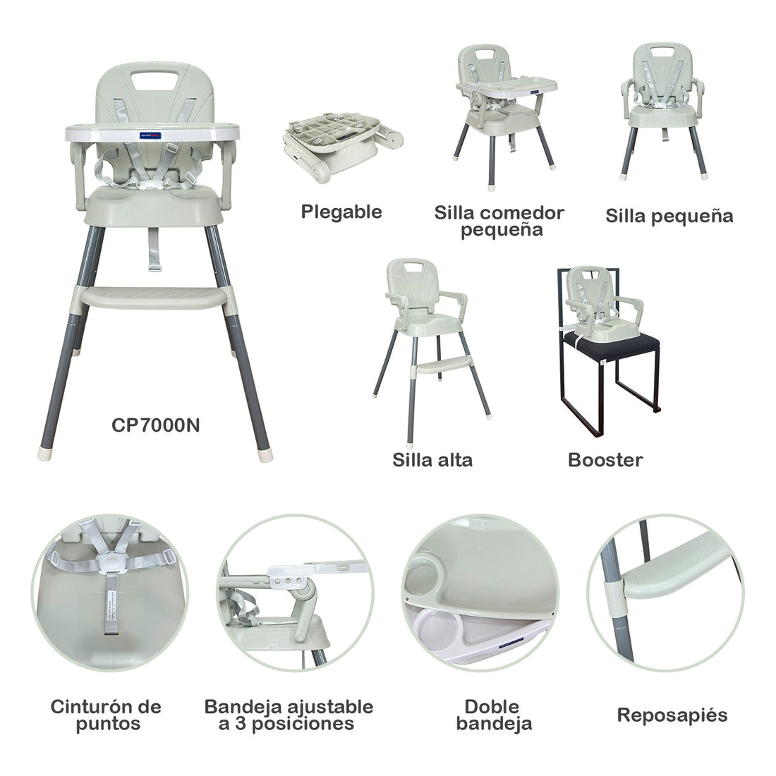 Silla Comedor 3 en 1 bebé CP7000N Happy Baby Beige