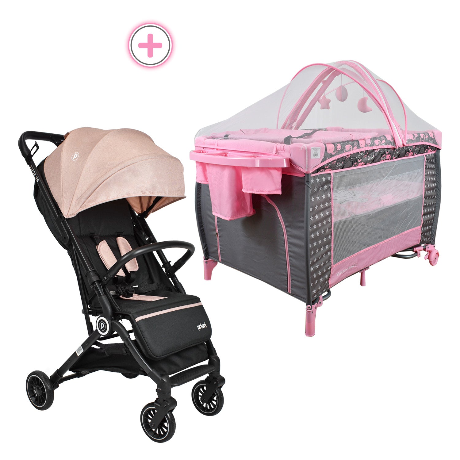 Combo Coche Luca Rosado +Cuna Mecedora Miami Rosado