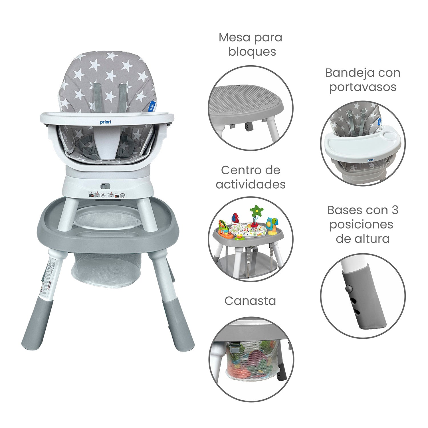 Silla Comedor bebé 12 en 1 con Giro 360 Yae de Priori Gris