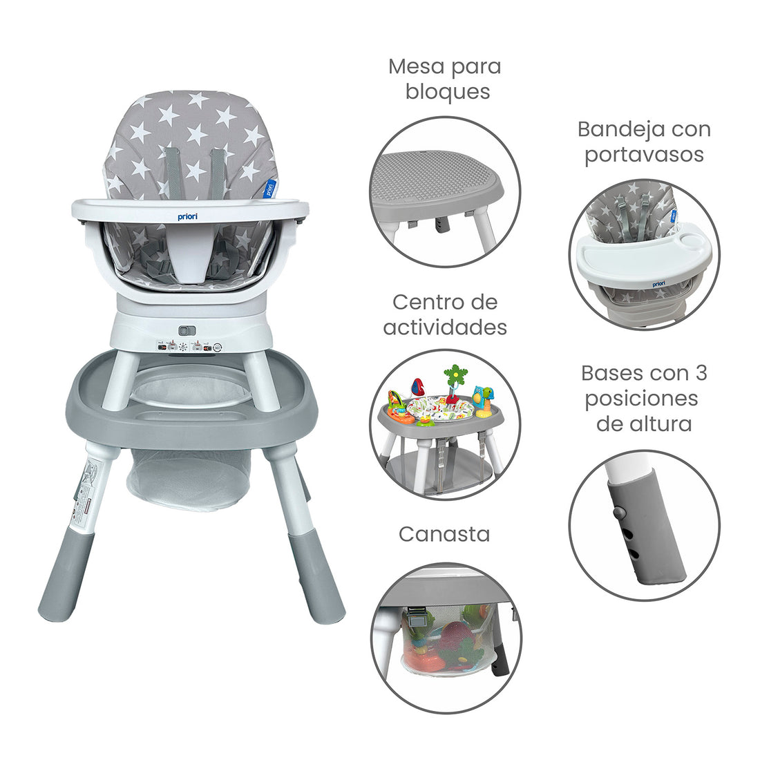 Silla Comedor bebé 12 en 1 con Giro 360 Yae de Priori Gris