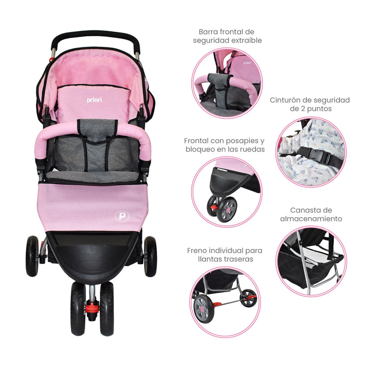 Coche Bebe Priori Tres Ruedas Liviano+Pañalera Jogger Rosa