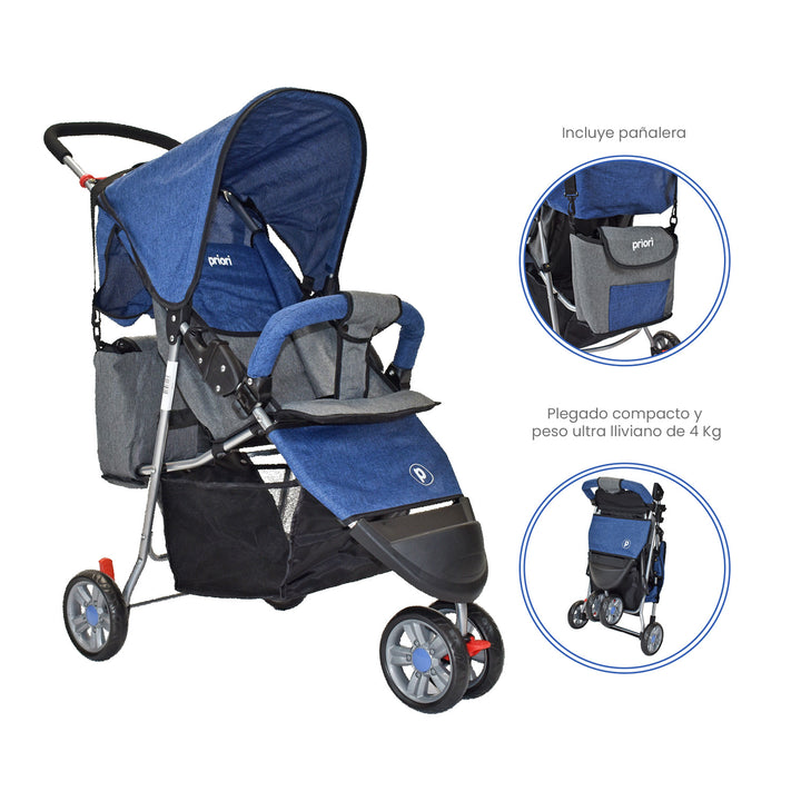 Coche Bebe Priori Tres Ruedas Liviano+Pañalera Jogger Azul
