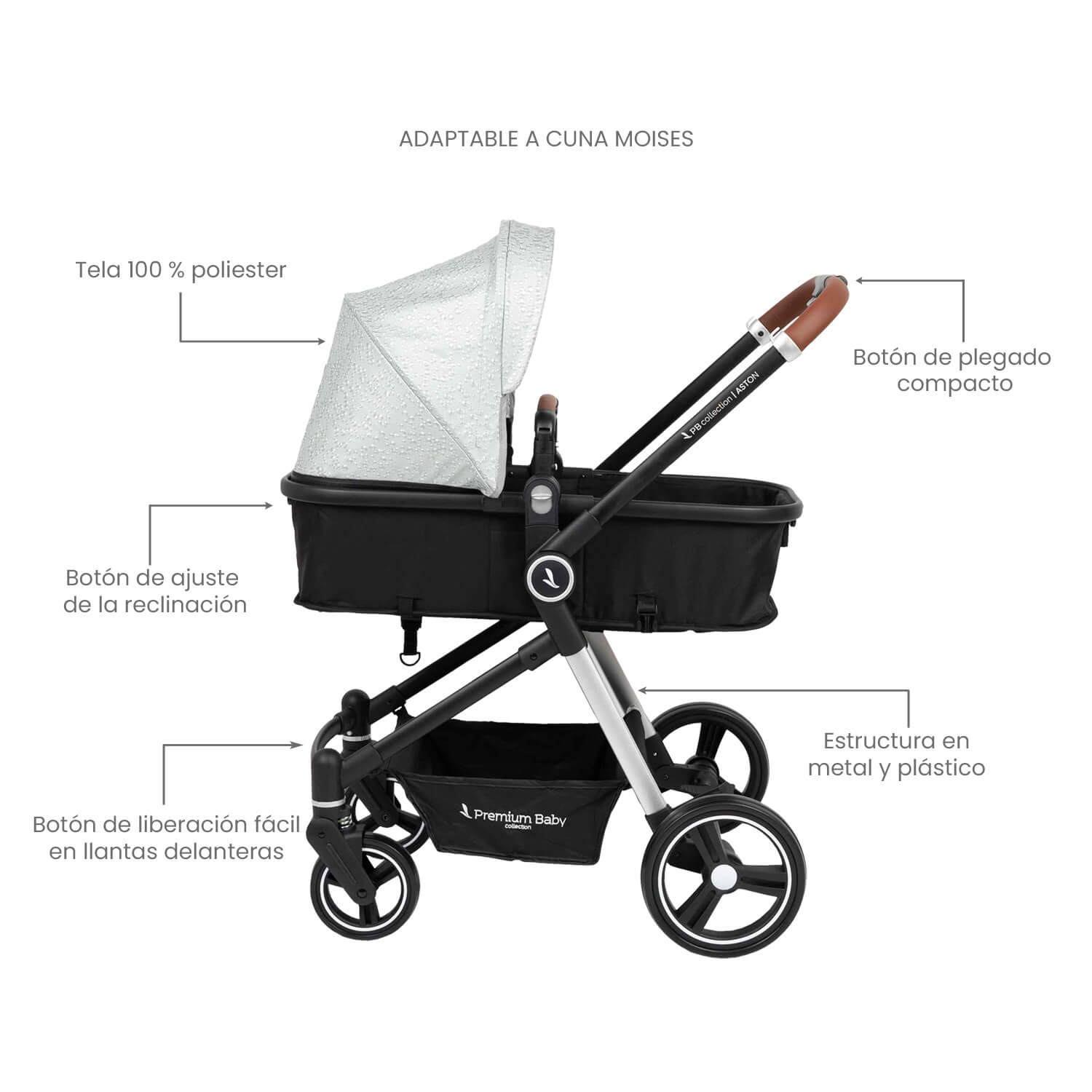 Coche Bebé Moises Aston Premium Baby Collection Gris