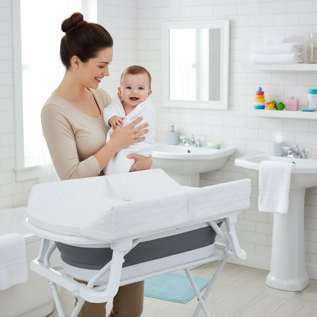 Bañera Bebé Stand Changer y Soporte Metálico Gris Priori