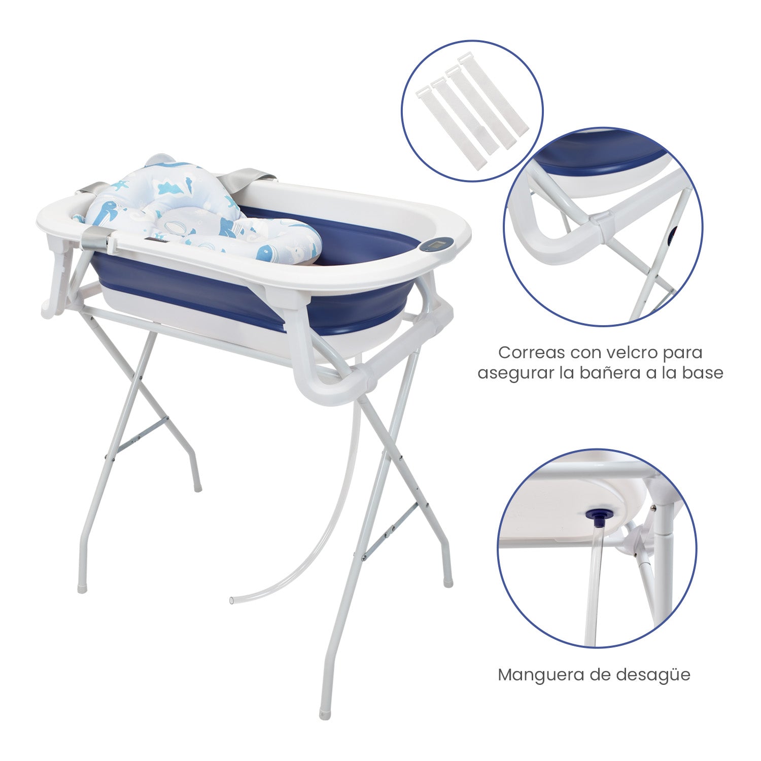 Bañera Plegable Con Soporte Y Cojín Stand Happy Baby Azul