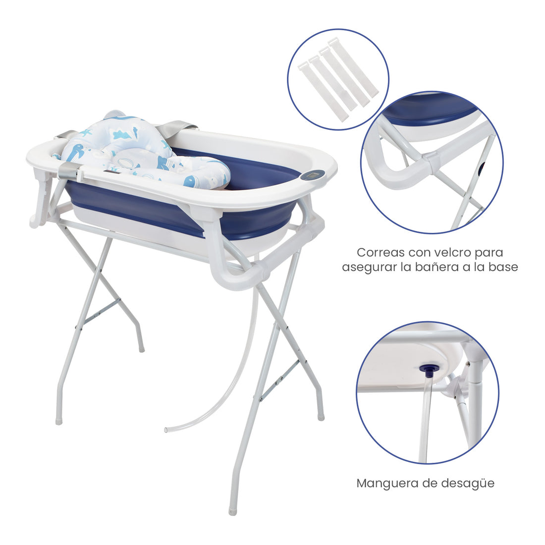 Bañera Plegable Con Soporte Y Cojín Stand Happy Baby Azul
