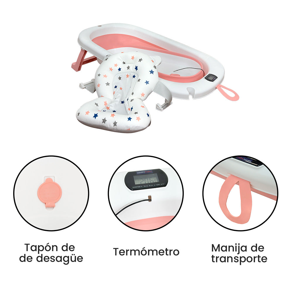 Bañera Bebé Happy Baby Cojín y Termómetro Samy Rosado