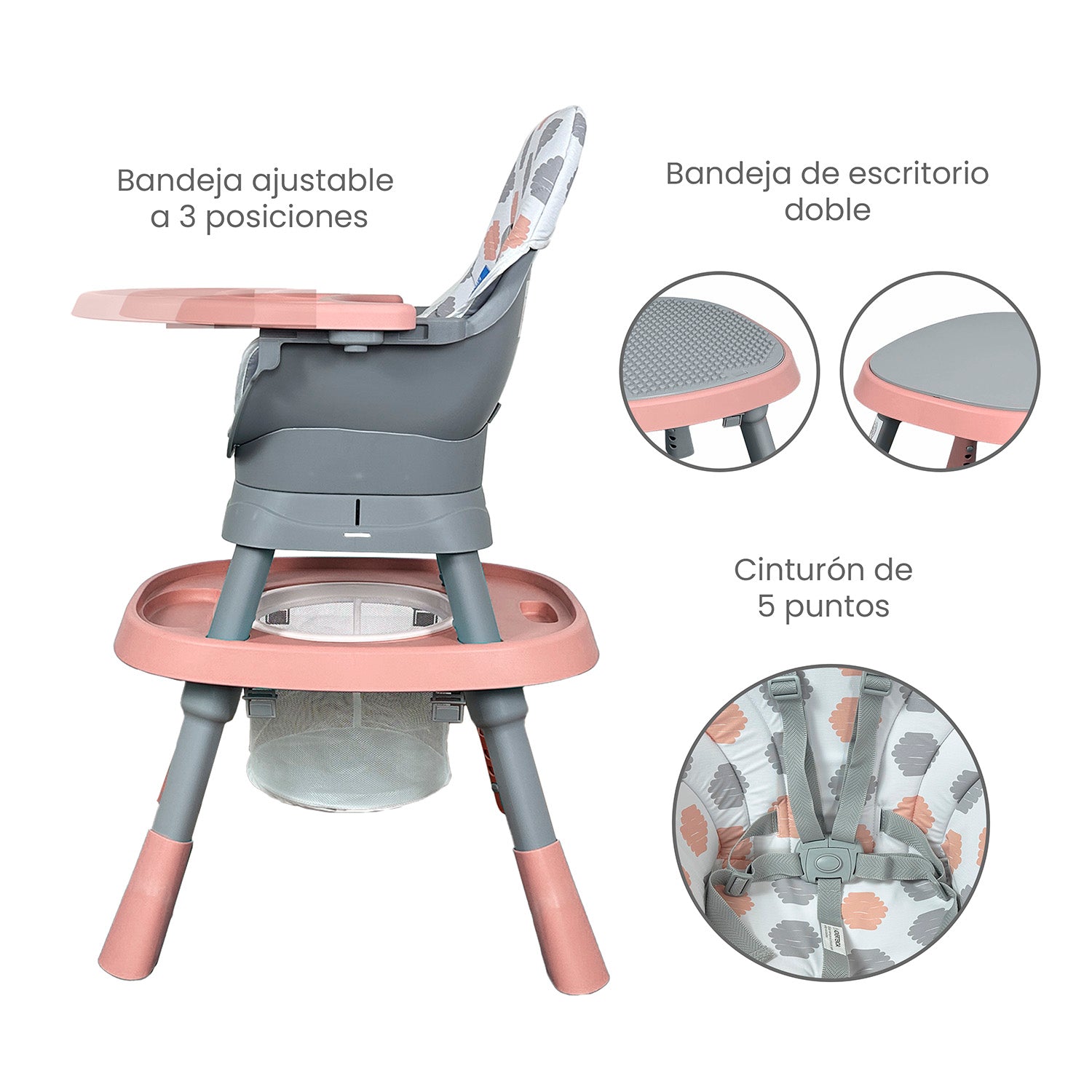Silla Comedor bebé 12 en 1 con Giro 360 Yae de Priori Rosa