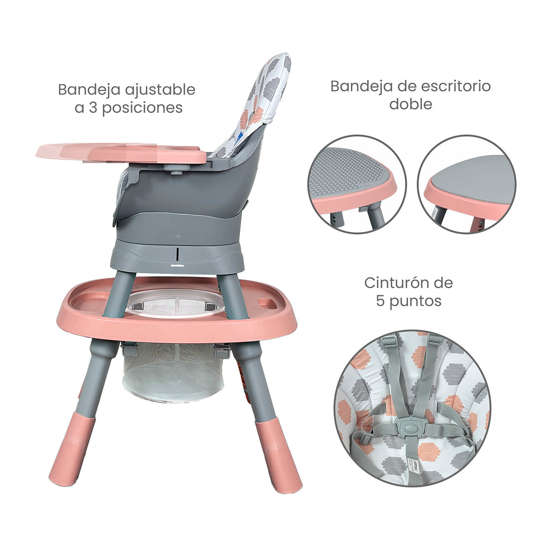 Silla Comedor bebé 12 en 1 con Giro 360 Yae de Priori Rosa