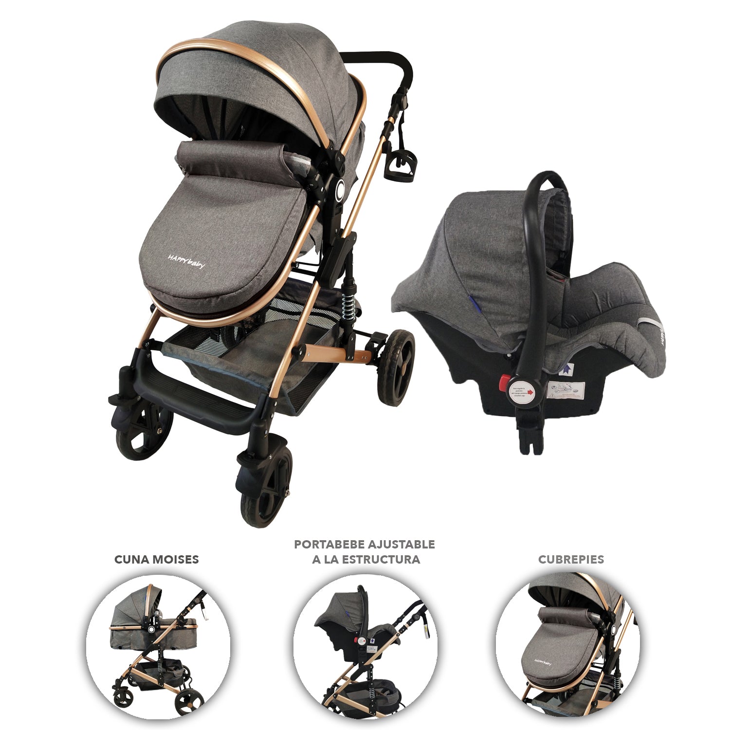 Coche Bebe Travel System Moises Happy Baby Gris Fj