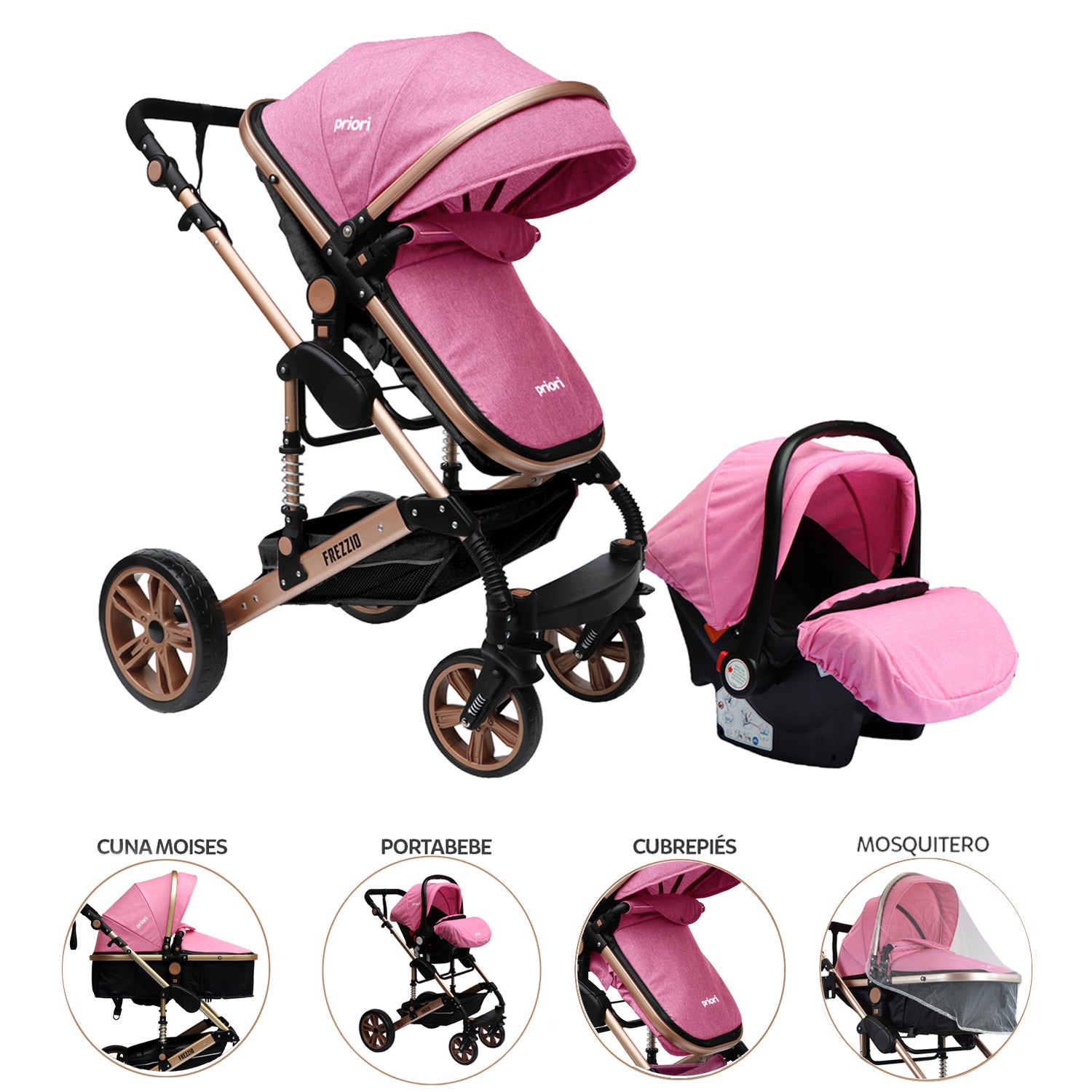 Coche Moises Bebe FREZZIO Priori 4en1 Rosa