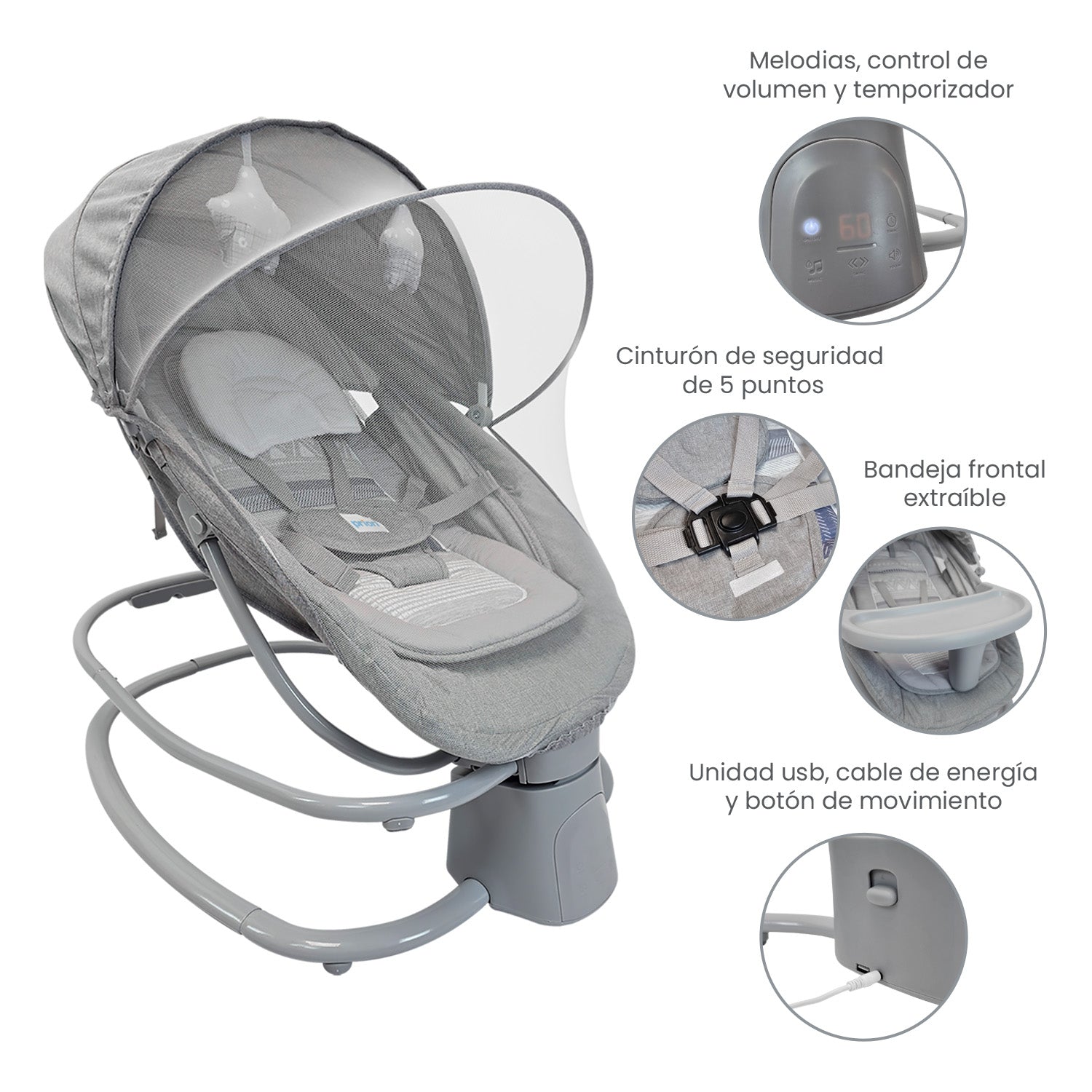Silla Mecedora Moisés Bebe PB23107 Gris Priori