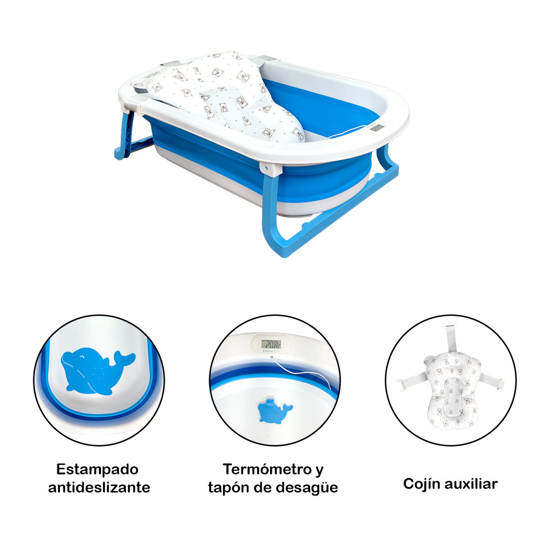 Bañera Bebé Premium baby Cojín y Termómetro Pol Azul