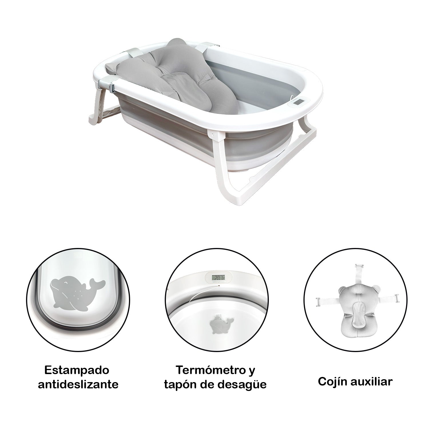 Bañera Bebé Premium baby Cojín y Termómetro Pol Gris