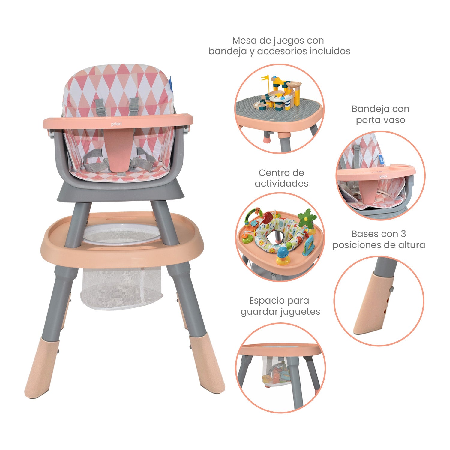 Silla Comedor Bebé 7en1 Priori Seven Rosa