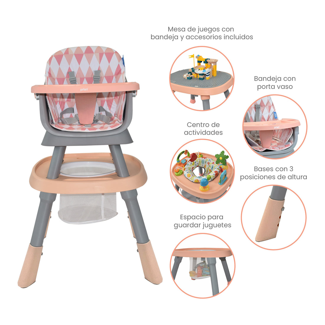 Silla Comedor Bebé 7en1 Priori Seven Rosa