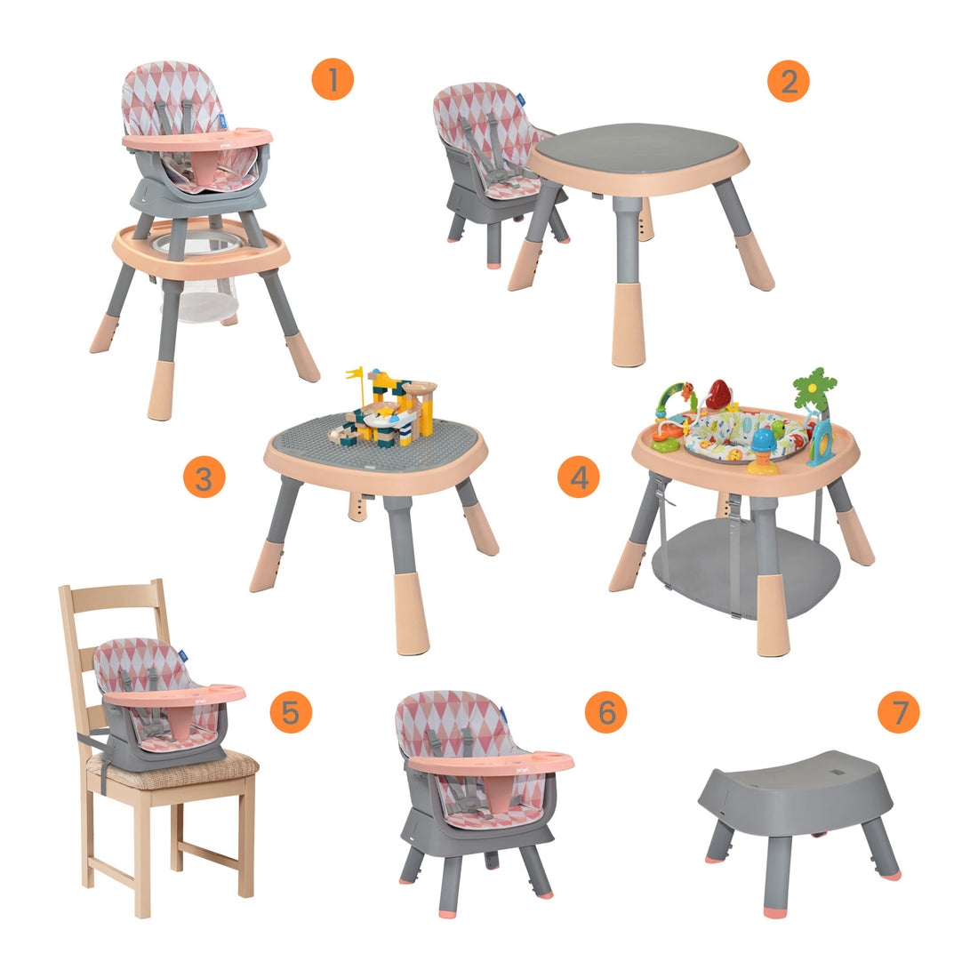 Silla Comedor Bebé 7en1 Priori Seven Rosa
