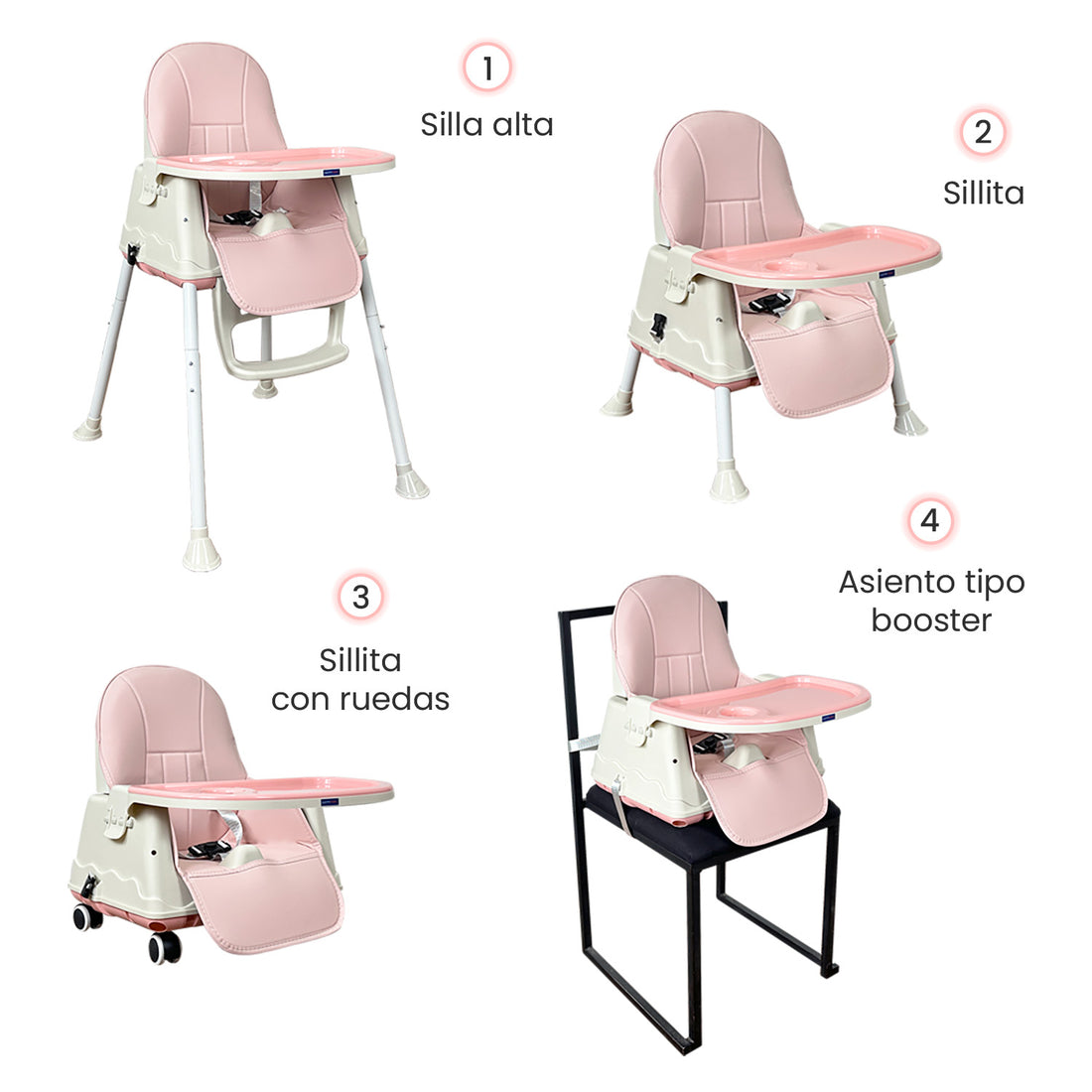 Silla comedor bebe 4en1 Happy Baby Zoe Rosa