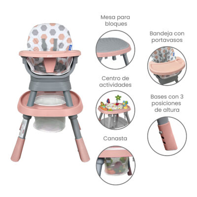 Silla Comedor bebé 12 en 1 con Giro 360 Yae de Priori Rosa
